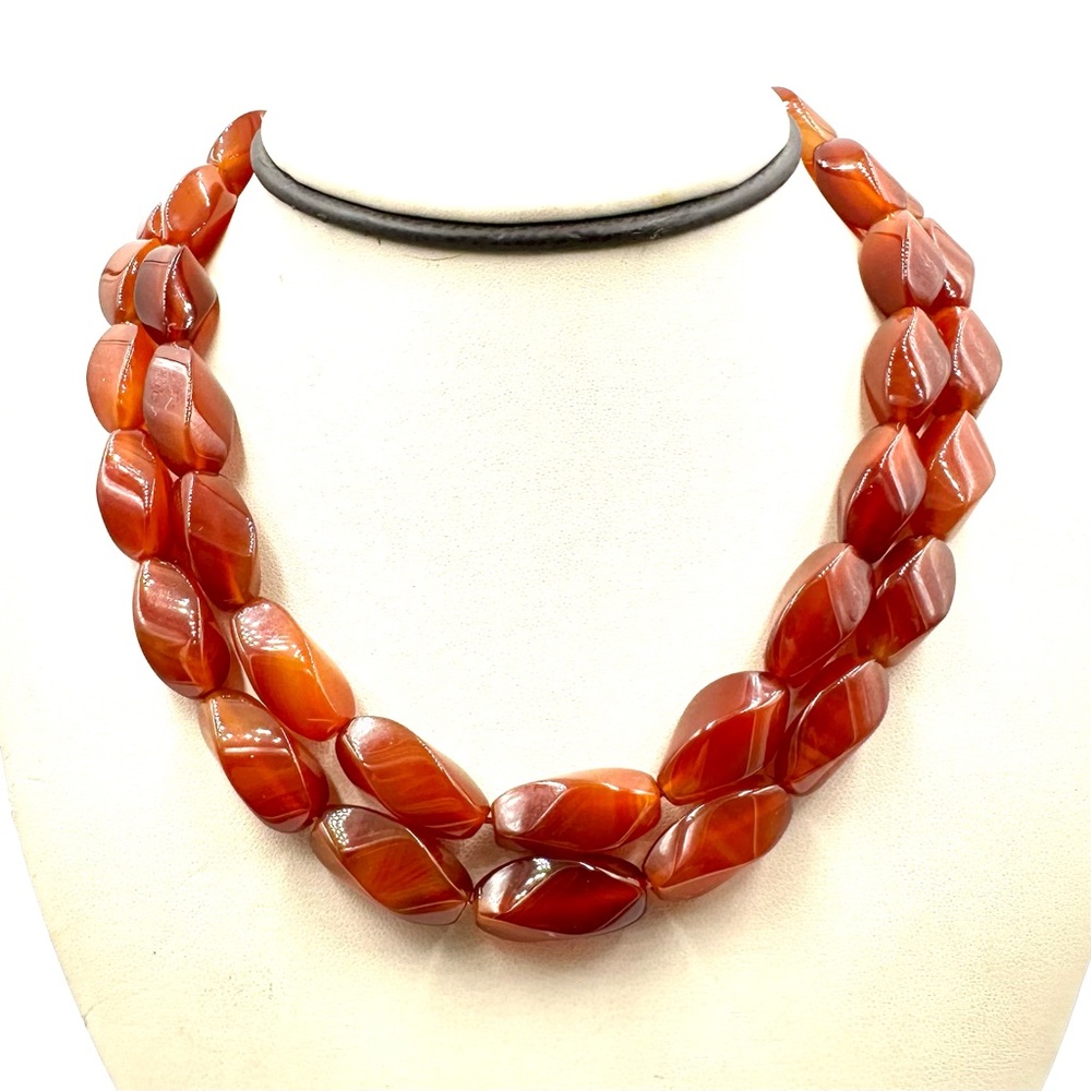 Vintage Double Strand Carnelian Bead Necklace Chinese Gilt Clasp